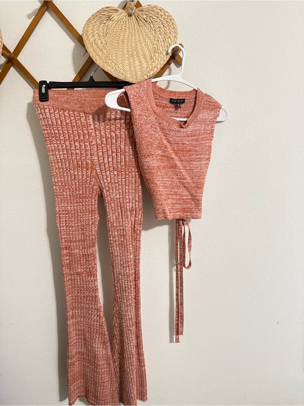 Blue Blush Rose-Toned Ribbed Tie-Waist Tank & Flare Pants Set